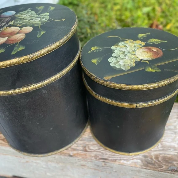 vintage black painted fruit floral 2 wood storage bins French Country primitive
